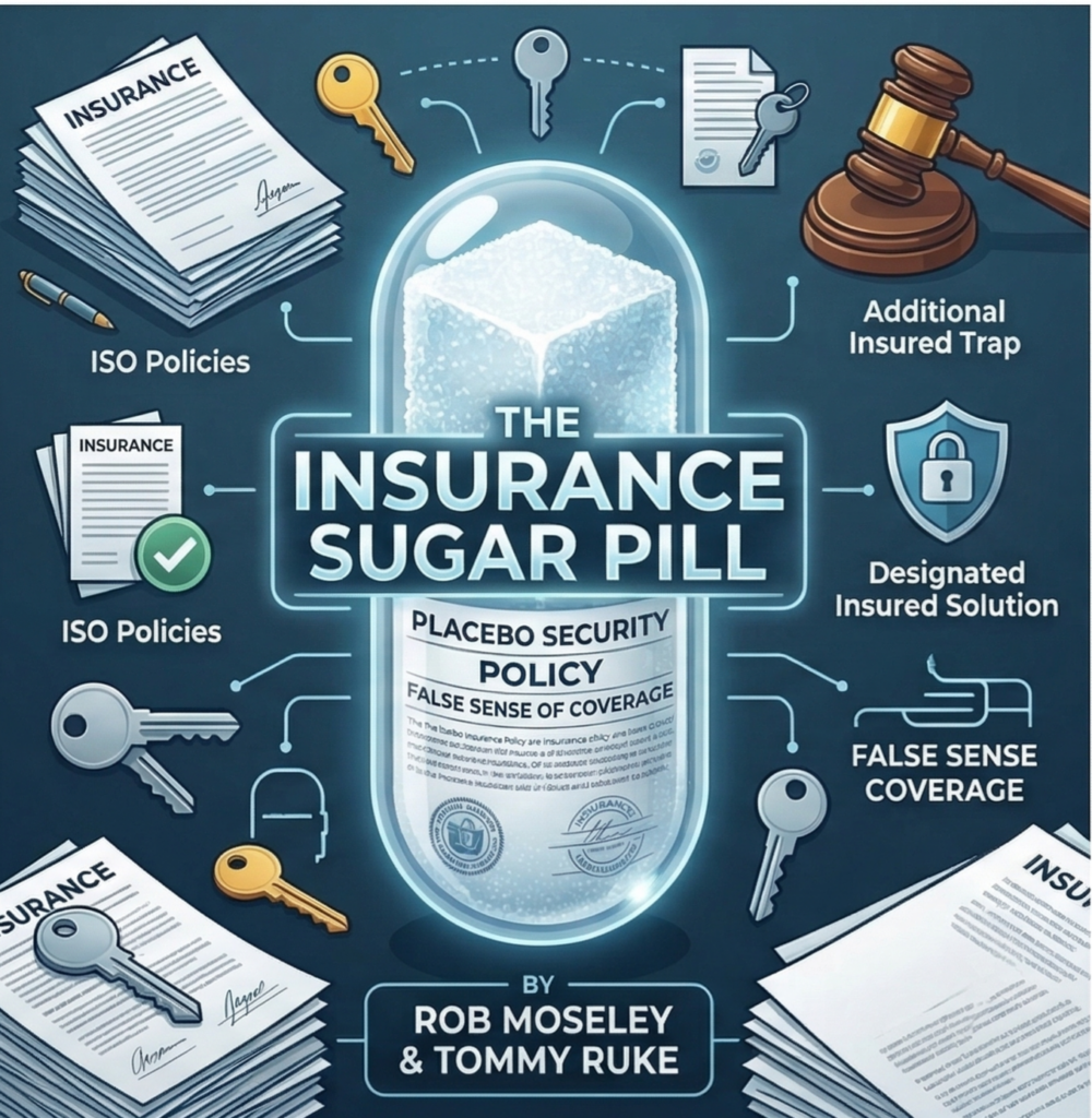 Detailed legal infographic illustrating a giant medicine capsule titled 'THE INSURANCE SUGAR PILL,' filled with glowing powder. Labeled documents of 'ISO Policies,' a gavel, keys, and a shield with a padlock are connected to text boxes warning of 'Placebo Security,' 'Additional Insured Trap,' and 'False Sense of Coverage.' A 'Designated Insured Solution' points to a specific document stack. Co-authors Rob Moseley and Tommy Ruke are credited at the bottom, all set against a dark teal background.