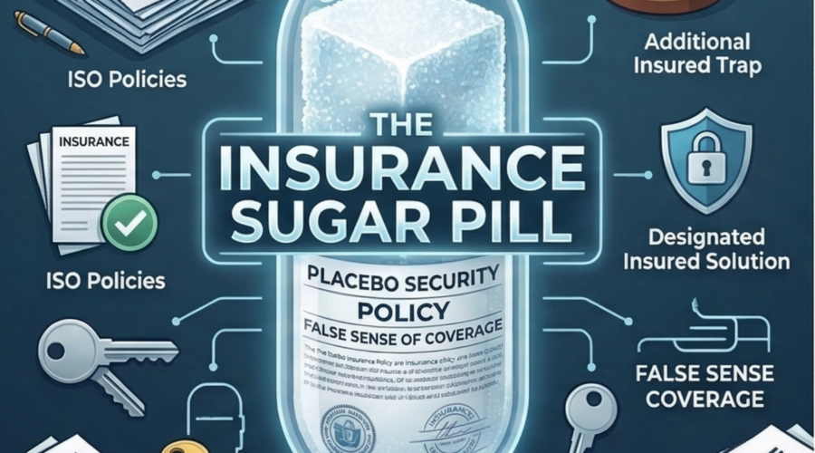 Detailed legal infographic illustrating a giant medicine capsule titled 'THE INSURANCE SUGAR PILL,' filled with glowing powder. Labeled documents of 'ISO Policies,' a gavel, keys, and a shield with a padlock are connected to text boxes warning of 'Placebo Security,' 'Additional Insured Trap,' and 'False Sense of Coverage.' A 'Designated Insured Solution' points to a specific document stack. Co-authors Rob Moseley and Tommy Ruke are credited at the bottom, all set against a dark teal background.